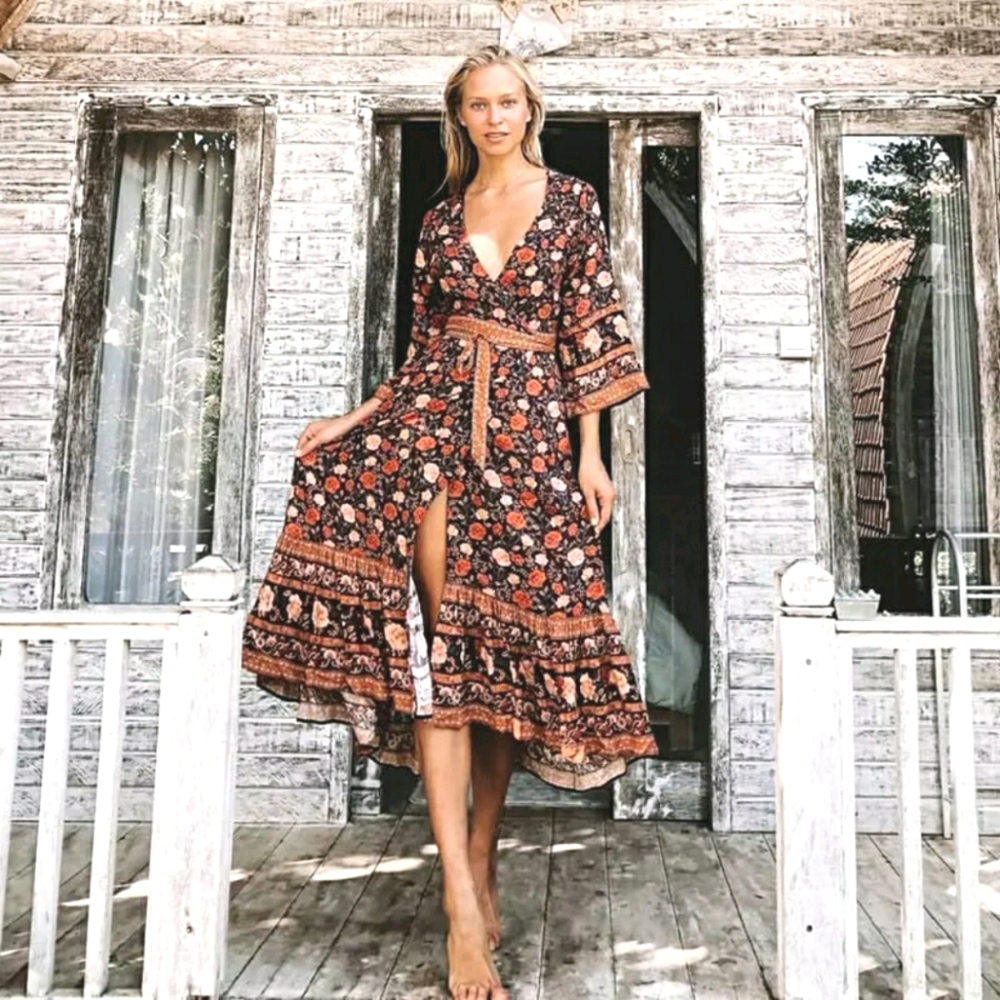 Women's boho floral wrap dress